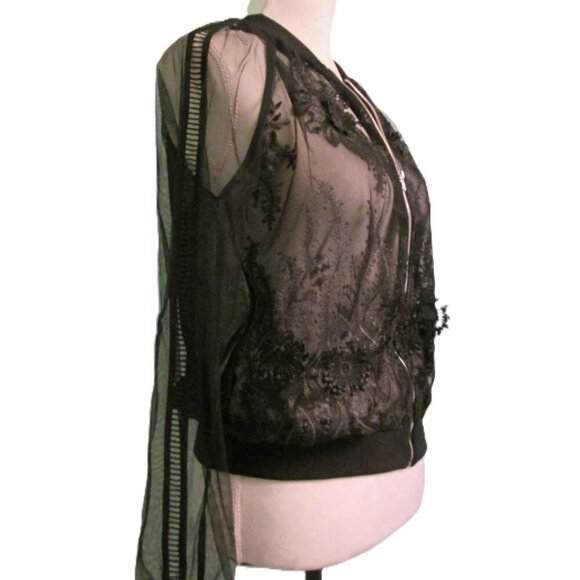 NWT Endless Rose NWT Black Floral Lace Mesh Zip Up Light Weight Jacket-Small - Picture 3 of 10